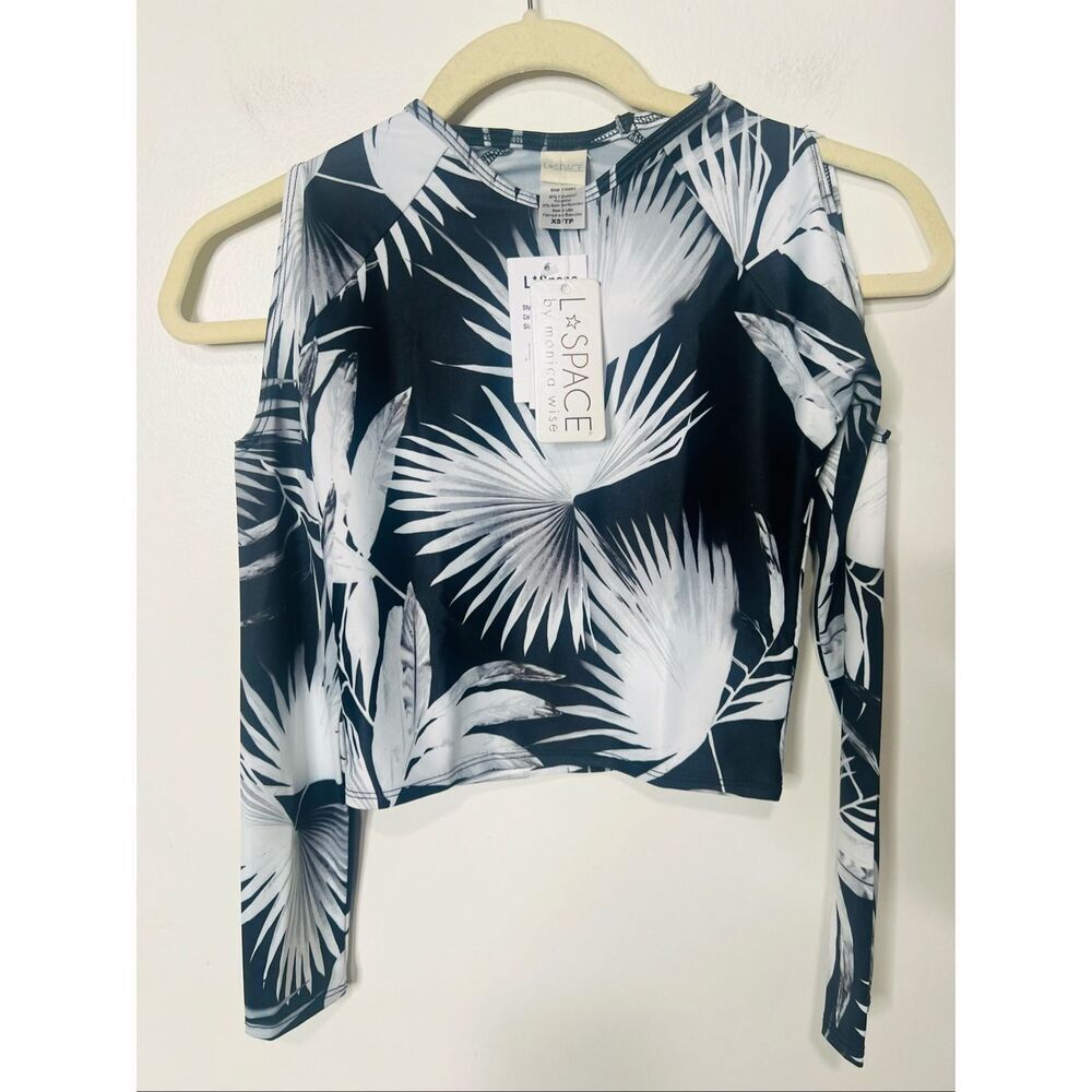 L *Space Sunlit Swim Top Black White Tropical Palm Leaves Cutout Shoulder Longsl - Picture 8 of 8